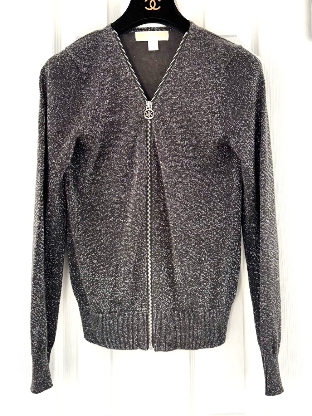 Michael Kors Women's Shimmery Grey Zip-Front Sweater